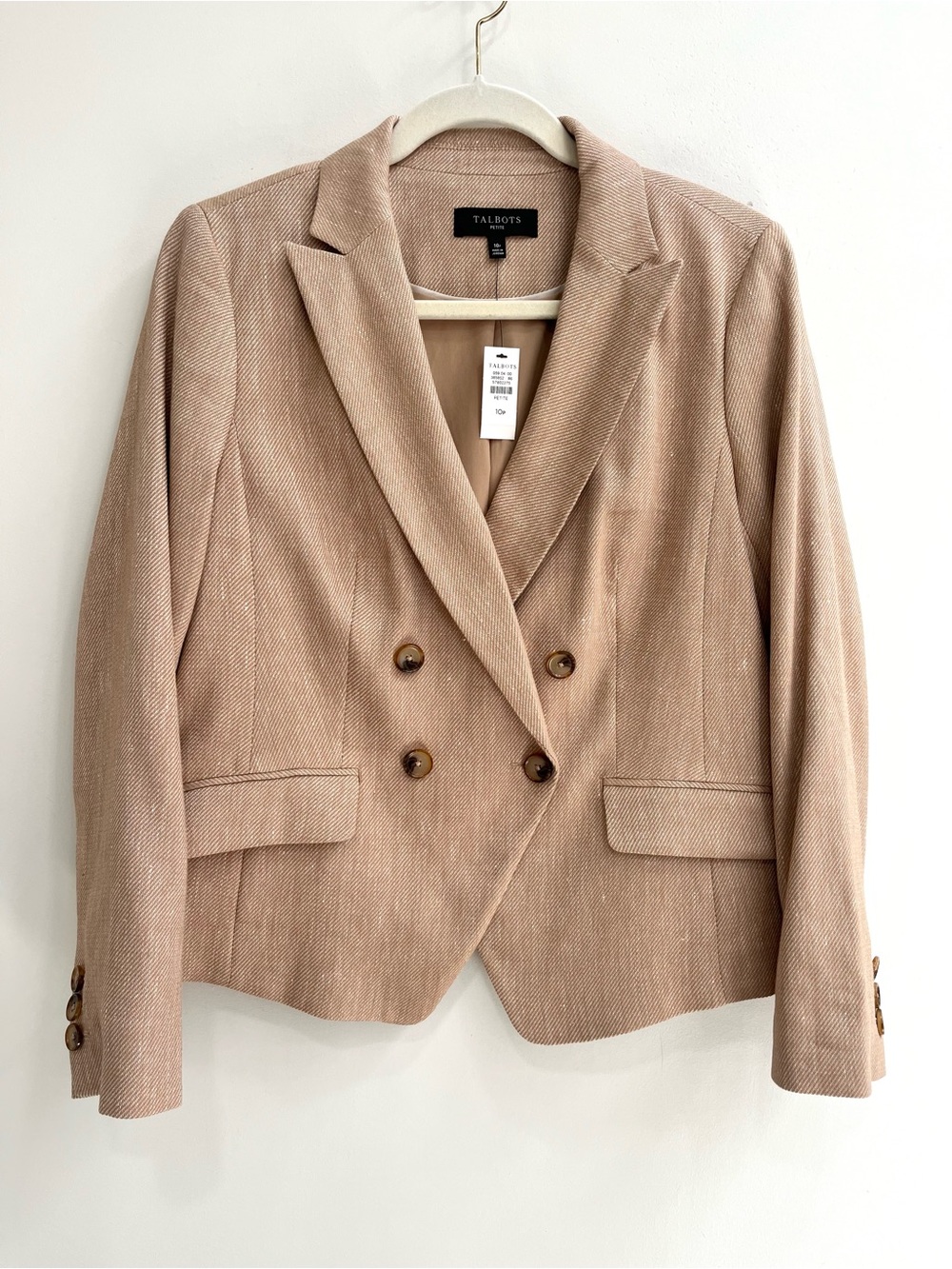 Talbots Textured Stretch Linen Blazer In Tan Buisness Office Size 10 Petite